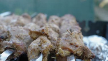 Barbekü. Tütsülenmiş et ızgarada kızartılır. Et ateşte pişiyor. Kömürde kavrulmuş et. Görüntüyü kapat.