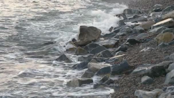 Fale morskie liżą skalisty brzeg. Kamienie i fale piankowe. — Wideo stockowe