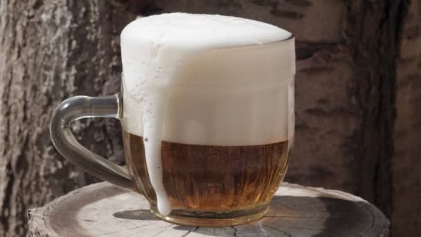 La birra viene versata in un bicchiere su uno sfondo di legno. Bevanda schiumosa. — Video Stock