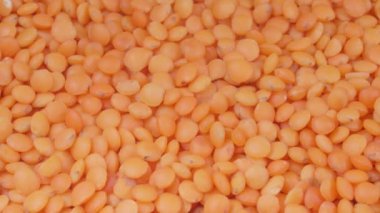 Kırmızı mercimek yaklaş. Makro görüntü. 4K video. Organik baklagiller.