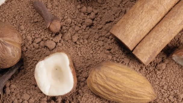 Kryddnejlika och kanel, hasselnötter och mandel närbild. Nötter och kryddor på kakaopulver. Extremt makroekonomiskt. — Stockvideo