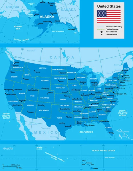 Vektorová Mapa Usa Hranicemi Regionů Vlajka Modrých Tónech Oceánem — Stockový vektor