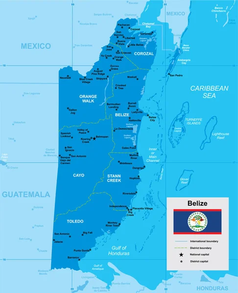 Vektorová Mapa Belize Hranicemi Regionů Vlajka Modrých Tónech Oceánem — Stockový vektor