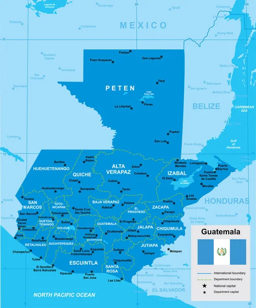 Vektorová Mapa Guatemaly Hranicemi Regionů Vlajka Modrých Tónech Oceánem — Stockový vektor