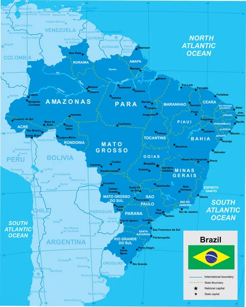 Mapa Vetorial Brasil Com Fronteiras Regiões Bandeira Tons Azuis Com —  Vetores de Stock