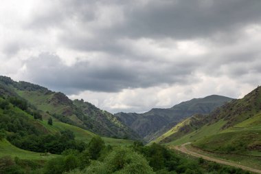 Mavi gökyüzü olan dağ manzarası. Yeşil tepelerin panoramik manzarası.