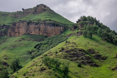Mavi gökyüzü olan dağ manzarası. Yeşil tepelerin panoramik manzarası.