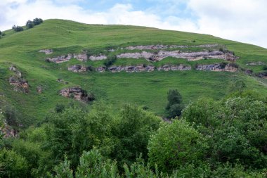 Mavi gökyüzü olan dağ manzarası. Yeşil tepelerin panoramik manzarası.