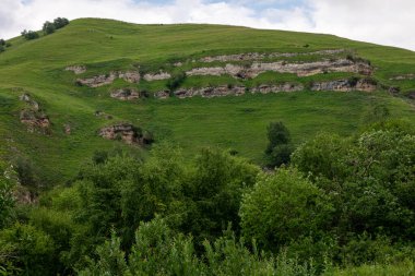 Mavi gökyüzü olan dağ manzarası. Yeşil tepelerin panoramik manzarası.