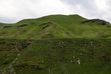 Mavi gökyüzü olan dağ manzarası. Yeşil tepelerin panoramik manzarası.