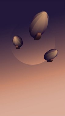 Three airships in the clear sky against the background of the moon in the colors of the sunset. 3d low poly vector illustration. clipart