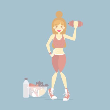 diyet kadın, kilo kaybı, aktivite fitness vücut geliştirme, sağlıklı yaşam tarzı, şekil vücut, egzersiz ve spor kavramı, düz vektör illüstrasyon karikatür tasarımı, izole karakter klip sanatı