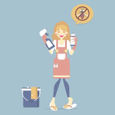 kova, haşere kontrolü, anti böcek ve sivrisinek, temizlik konsepti, düz karakter tasarım küçük resim illüstrasyon karikatür ile sprey ve temiz çözüm tutan eldiven giyen kadın