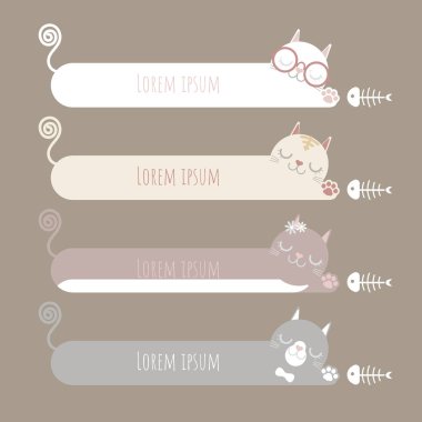 Sevimli kedi metin kutusu seti, pençe ve balık kemiği ile afiş, konuşma balonu balon, düşünmek, konuşmak, konuşmak, şablon, düz, tasarım, vektör, illüstrasyon