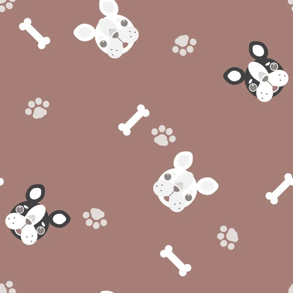 Seamless Cute Animal Pet French Bulldog Repeat Pattern Bone Foot — Stock Vector