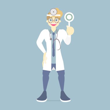 mutlu ve gülümseme erkek doktor sağlık kuruluşu tıbbi holding sağ, doğru işaret sembolü, hastane için sağlıklı bir kavram, arka plan, düz vektör illüstrasyon çizgi film karakteri tasarımı