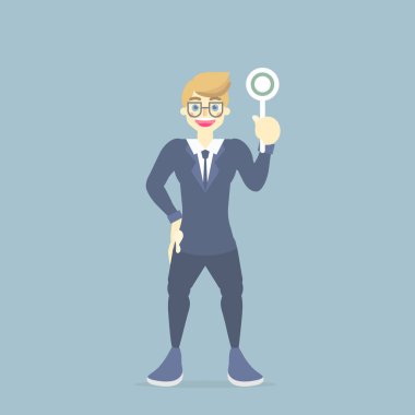 takım elbiseli işadamı sağ, doğru, doğru işaret sembolü, iş finans kavramı, düz vektör illüstrasyon karakter çizgi film tasarım küçük resim tutan