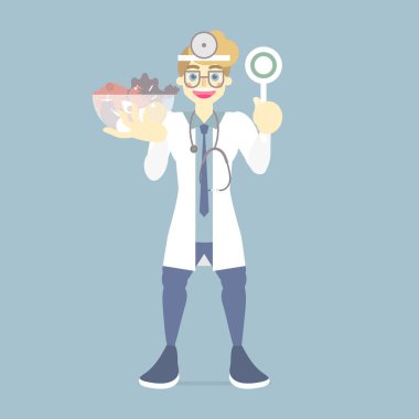 mutlu ve sebze tutan erkek doktor gülümseme sağ, doğru işaret sembolü, sağlıklı beslenme yaşam tarzı kavramı, düz vektör illüstrasyon çizgi film karakter tasarımı