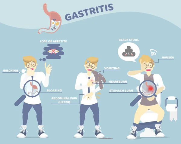 erkek geğirme ile gastrit belirtileri, kusma, mide yanığı ve siyah dışkı sahip, hastalık sağlık infografik kavramı, düz karakter tasarım küçük resim vektör illüstrasyon