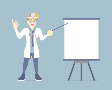 erkek doktor sunum yapma, boş Flip board grafik işaret, hastane için sağlık kavramı, düz karakter tasarımı, vektör illüstrasyon