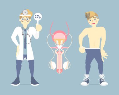 pantolon altında bakan üzgün adam doktor, erkek üreme sistemi, iç organları anatomi vücut parçası sinir sistemi, erektil disfonksiyon kavramı, vektör illüstrasyon çizgi film düz karakter tasarımı