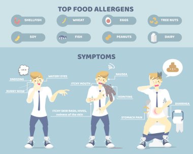 erkek hapşırma ile gıda alerjisi belirtileri, kusma, kaşıntılı deri döküntüsü, mide ağrısı ve ishal olan, hastalık sağlık infografik kavramı, düz karakter tasarım küçük resim vektör illüstrasyon