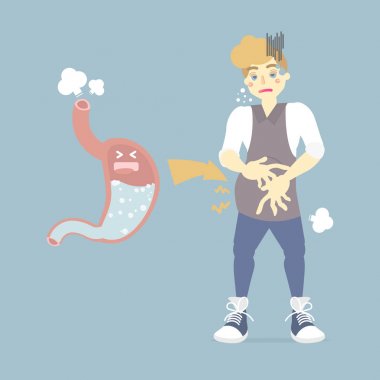 adam şişkinlik, mide gazları olan, geğirme, osuruk, hastalık sağlık infografik kavramı, düz karakter tasarım küçük resim vektör illüstrasyon