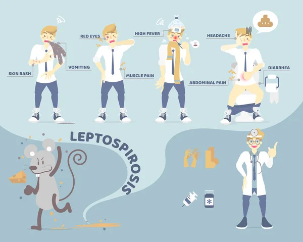 leptospirosis belirtisi, ishal olan kişilerde itici, baş ağrısı, kusma, ateş, kas ağrısı, sıçan, sağlık kavramı, düz karakter tasarım vektör illüstrasyon karikatür infografik