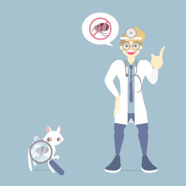 doktor ve kedi ile veteriner tıp ve güzel hayvan sağlığı, pire kaldırma nasıl, evcil hayvan haşere kontrol konsepti, düz vektör illüstrasyon çizgi film karakter tasarımı