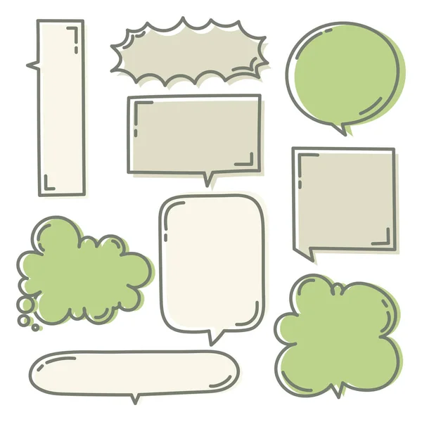 collection set of hand drawn line frame border,blank speech bubble balloon square shape green color, think, speak, talk, text box, banner, flat vector illustration