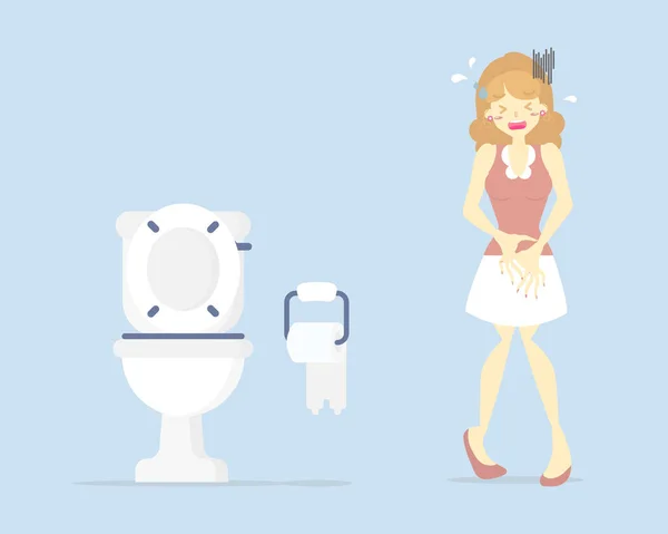 Woman having stomach ache, needing to urinate, holding her pee, suffering from diarrhea or constipation, health care concept, sanitation concept, flat character design vector illustration cartoon — Stock Illustration Woman Having Stomach Ache Needing Urinate Holding Her Pee Suffering Stock Vector