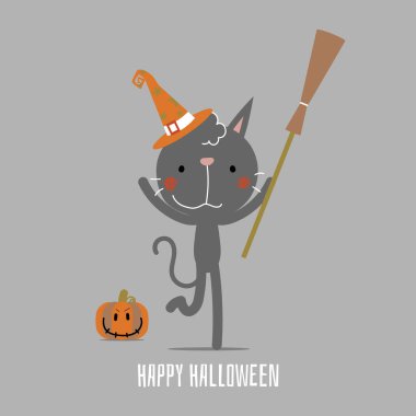 Kedi süpürge ve balkabağı dolu Cadılar Bayramı Festivali 'niz kutlu olsun. Düz vektör illüstrasyon karakter tasarımı.