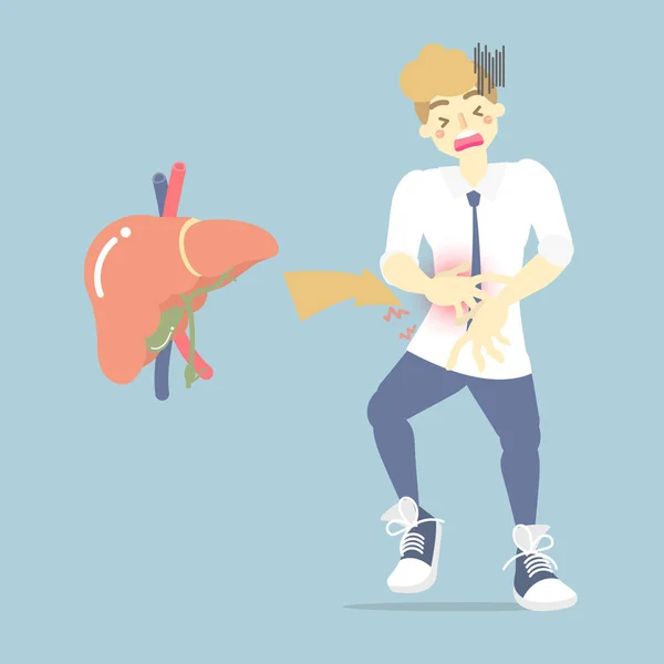 胃と肝臓の解剖学 健康管理 肝疾患の概念 フラットベクトルイラスト漫画のキャラクターデザインクリップアートを持つ男 — ストックベクタ