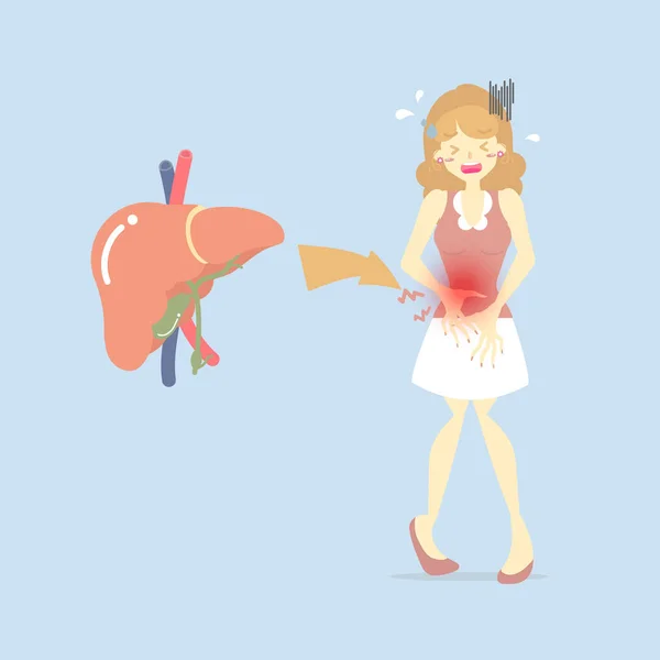 胃と肝臓の解剖学 健康管理 肝疾患の概念 フラットベクトルイラスト漫画のキャラクターデザインクリップアートを持つ女性 — ストックベクタ