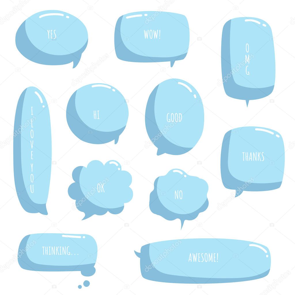 collection set of hand drawing frame border, blank speech bubble balloon, blue colour, think, speak, talk, text box, banner, flat, design, vector illustration
