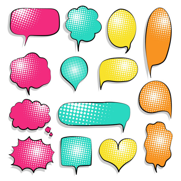 collection set of cute hand drawn line, blank pop art halftone polka dots speech bubble balloon, colorful color, think speak talk text box banner, flat design vector illustration