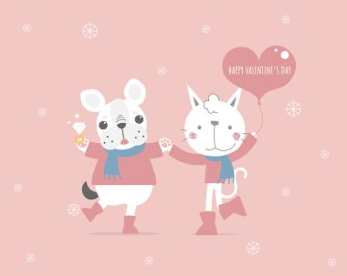 cute dog holding diamond ring and cat holding heart balloon, happy valentine's day, love concept, flat vector illustration cartoon character costume design