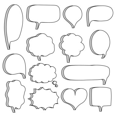 3 boyutlu boş konuşma balonu koleksiyonu, siyah ve beyaz renk, düz tasarım vektör çizimi