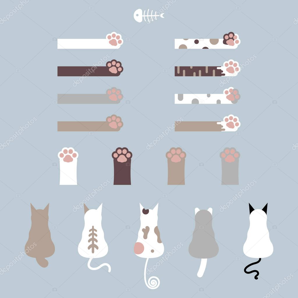 Collection set of cute animal pet cat and dog paw footprint with fish bone, flat design vector character illustration