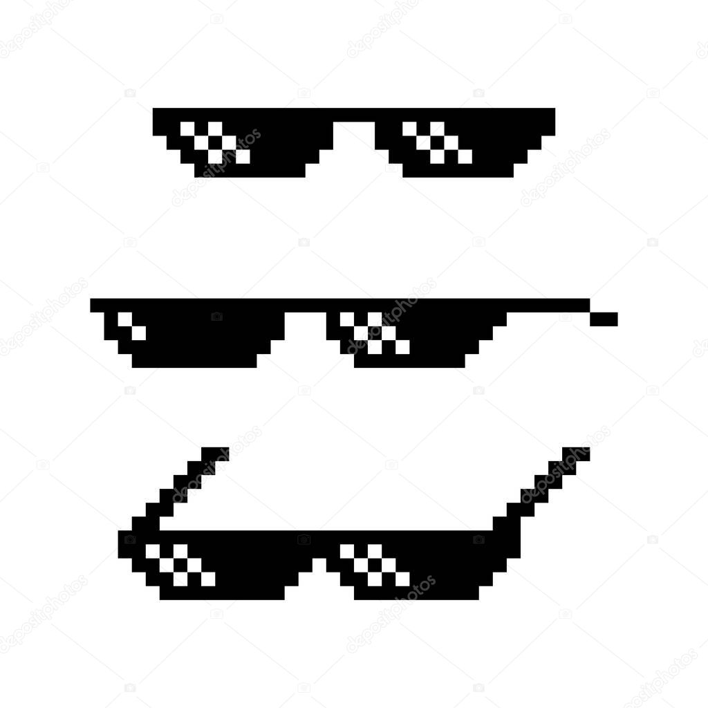 Collection set of retro game 8 bit pixel thug life sun glasses, black and white color, flat design vector illustration