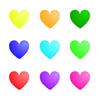 Renkli Kalp, Farklı Renkler, Sarı, Turuncu, Yeşil Koyu, Yeşil, Mavi Lacivert, Mavi, Kırmızı, Pembe, Mor, 3d Efektli Dokuz Kalp.