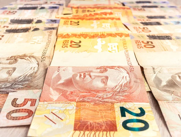 Brazil Valódi Bankjegyek Közeli Fotózás Brazil Gazdasági Pénzügyi Koncepció — Stock Fotó