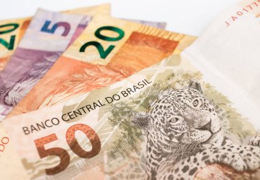 Brazilian Real banknotes on white background. Brazilian economy and finance concept 