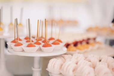 Güneşli bir öğleden sonra, deniz kıyısındaki bir kutlamada tatlı büfeleri renkli hediyeler sunar. Düğün partisinin olduğu bölgede kek ve tatlı olan tatlı bir bar. Düğün tatlı masası. 