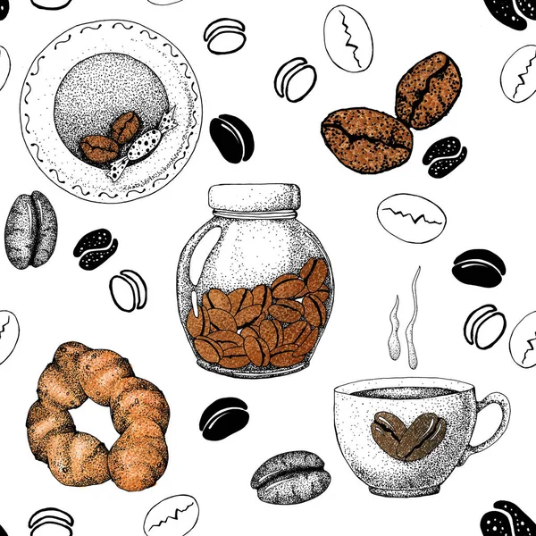 Naadloos patroon met het beeld van koffiebonen, koffie, verpakking, potten, borden. Schets, afbeeldingen voor het ontwerp van prints, achtergronden, wallpapers, reclame, menu 's, verpakkingen, wikkels, cafes — Stockfoto