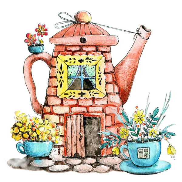 Dibujo acuarela con la imagen de la casa en la tetera y la taza. Concepto de diseño para té, café, restaurante, impresión, fondo —  Fotos de Stock
