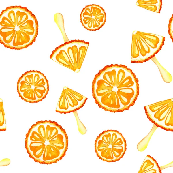 Padrão sem costura fundo aquarela com a imagem de uma laranja, tangerina, sorvete. Polpa suculenta e sementes para design de impressão, banner, cartaz, capa, convites — Fotografia de Stock