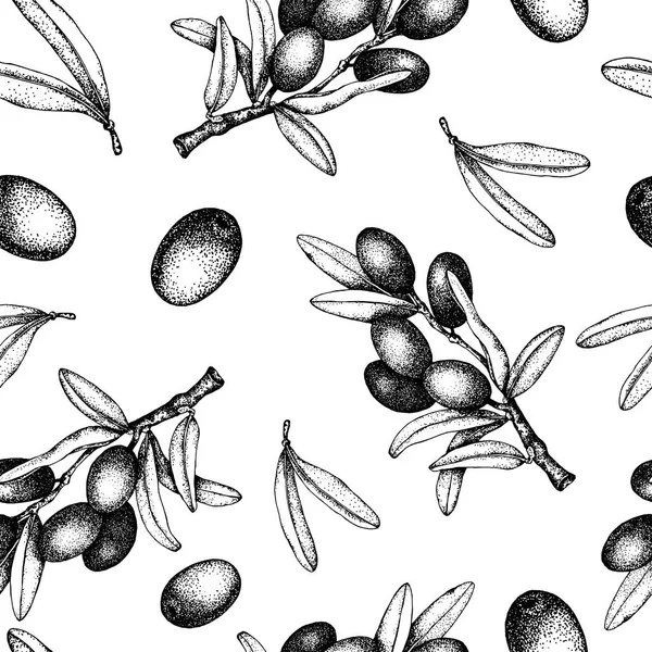 Sömlösa mönster av svarta och gröna oliver gren isolerade på vit bakgrund. Design för olivolja, naturkosmetik, hälsovårdsprodukter — Stock vektor
