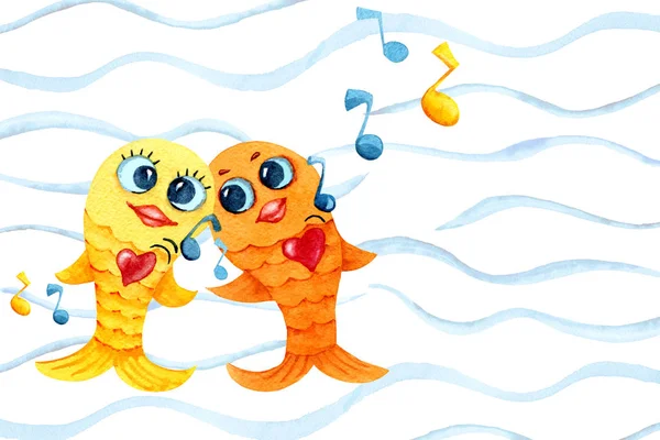 Singing and dancing goldfish. Cartoon character in watercolor. Children\'s drawing with fish, notes and player for the design of print, background, cover, wallpaper, packaging, bedding, scrapbooking
