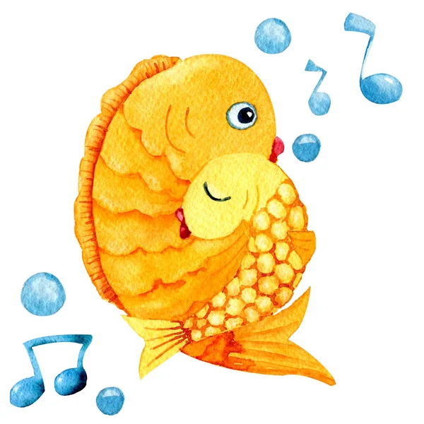 Cartoon fish puts baby to sleep. Watercolor hugging goldfish, mom and baby for the design of childrens products, books, prints, posters, banners, cards, congratulations, invitations